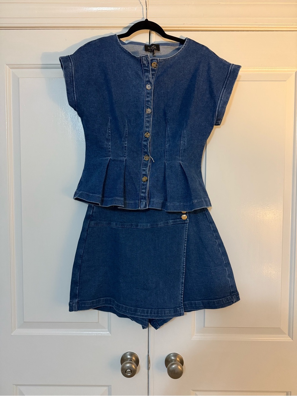 Flying Tomato Dark Blue Denim Peplum Button-Front Top and Skort Set